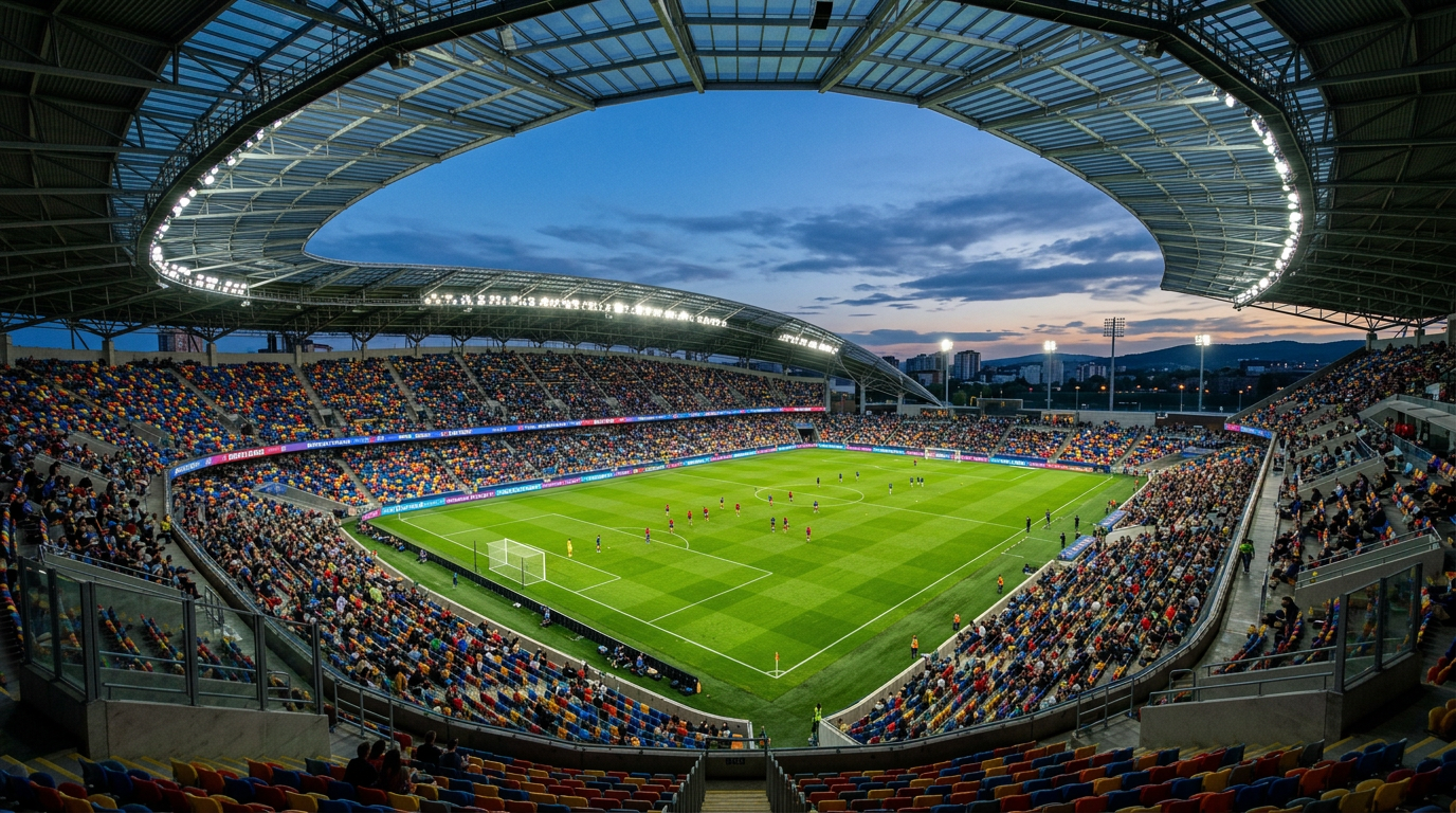 Estadio con campo de pasto natural y graderías